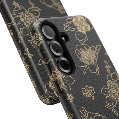 Floral Leather Phone Case — Gold Outline Flowers on Black Tough Case