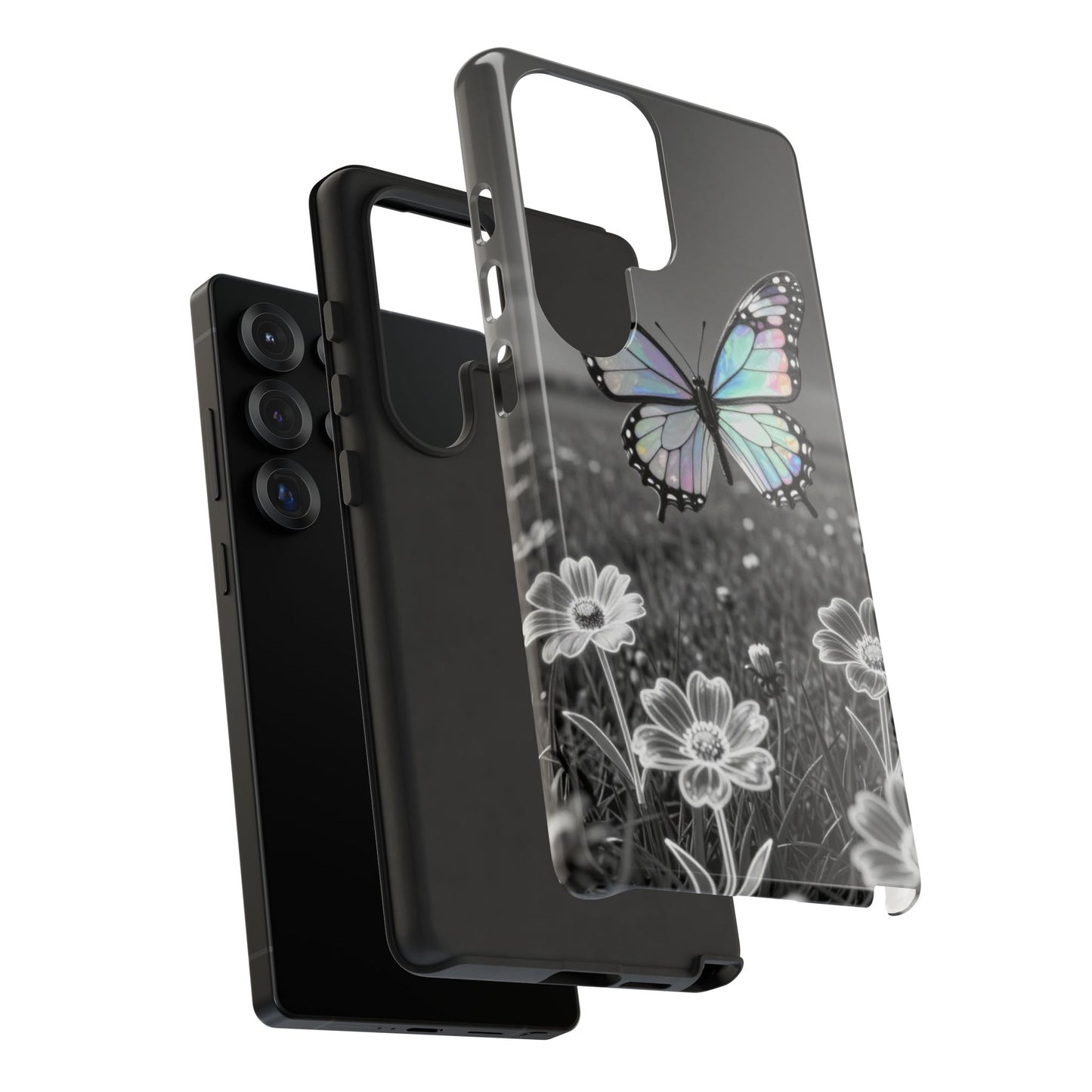 Butterfly Field Tough Phone Case — Pastel Holographic Butterfly on Black & White Floral Background