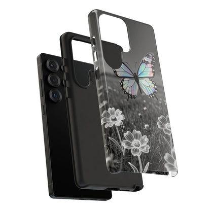 Butterfly Field Tough Phone Case — Pastel Holographic Butterfly on Black & White Floral Background