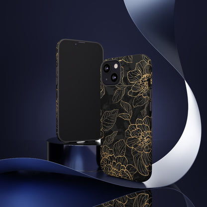 Floral Gold Outline Tough Phone Case – Black Botanical Protective Cover