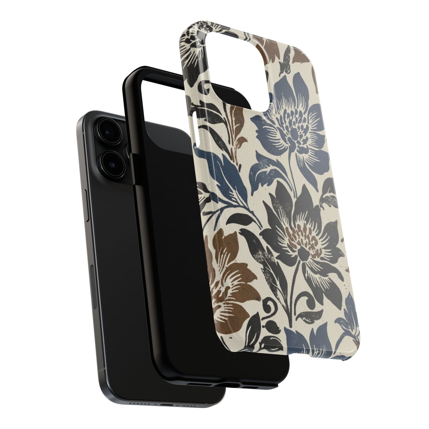 Floral Vintage Tough Phone Case — Blue & Brown Botanical Protection