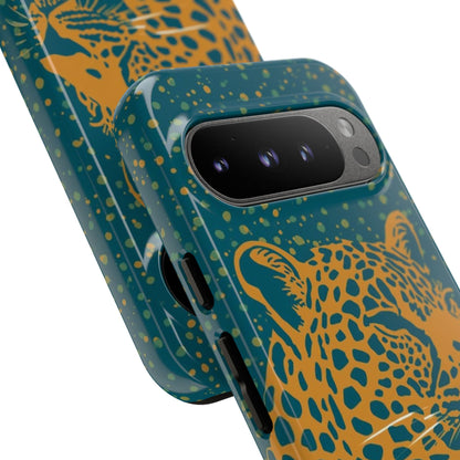 Leopard Print Tough Phone Case — Gold Panther on Teal, Protective iPhone Cover