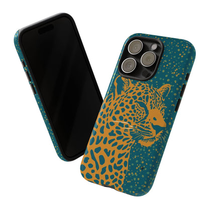 Leopard Print Tough Phone Case — Gold Panther on Teal, Protective iPhone Cover