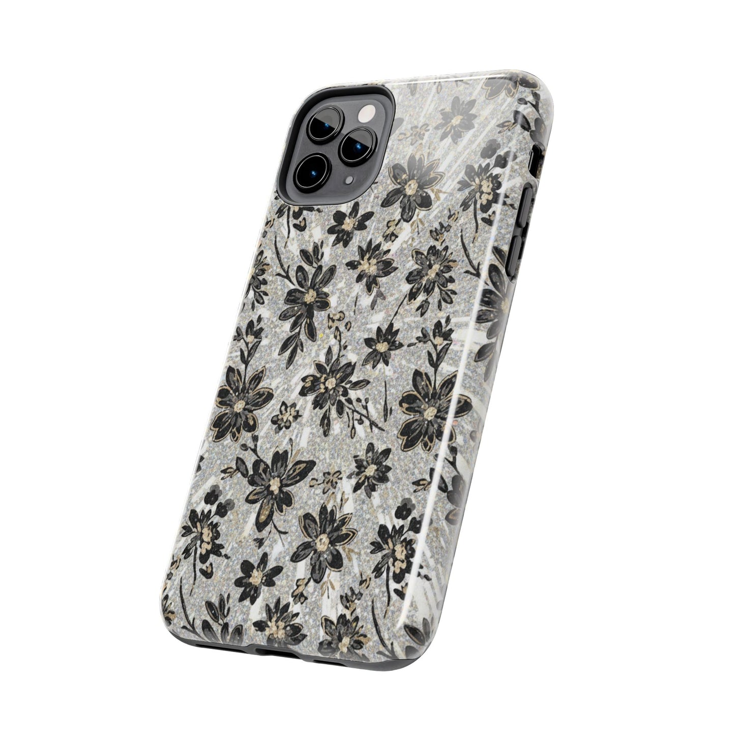 Floral Vintage Tough Phone Case — Black & Gray Rustic Flower Protective Case