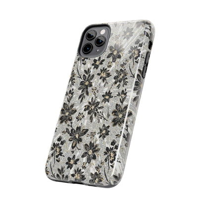Floral Vintage Tough Phone Case — Black & Gray Rustic Flower Protective Case