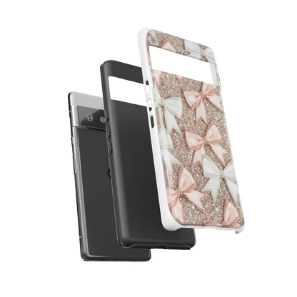 Glitter Bow Tough Phone Case — Pink & White Ribbon Protective Cover