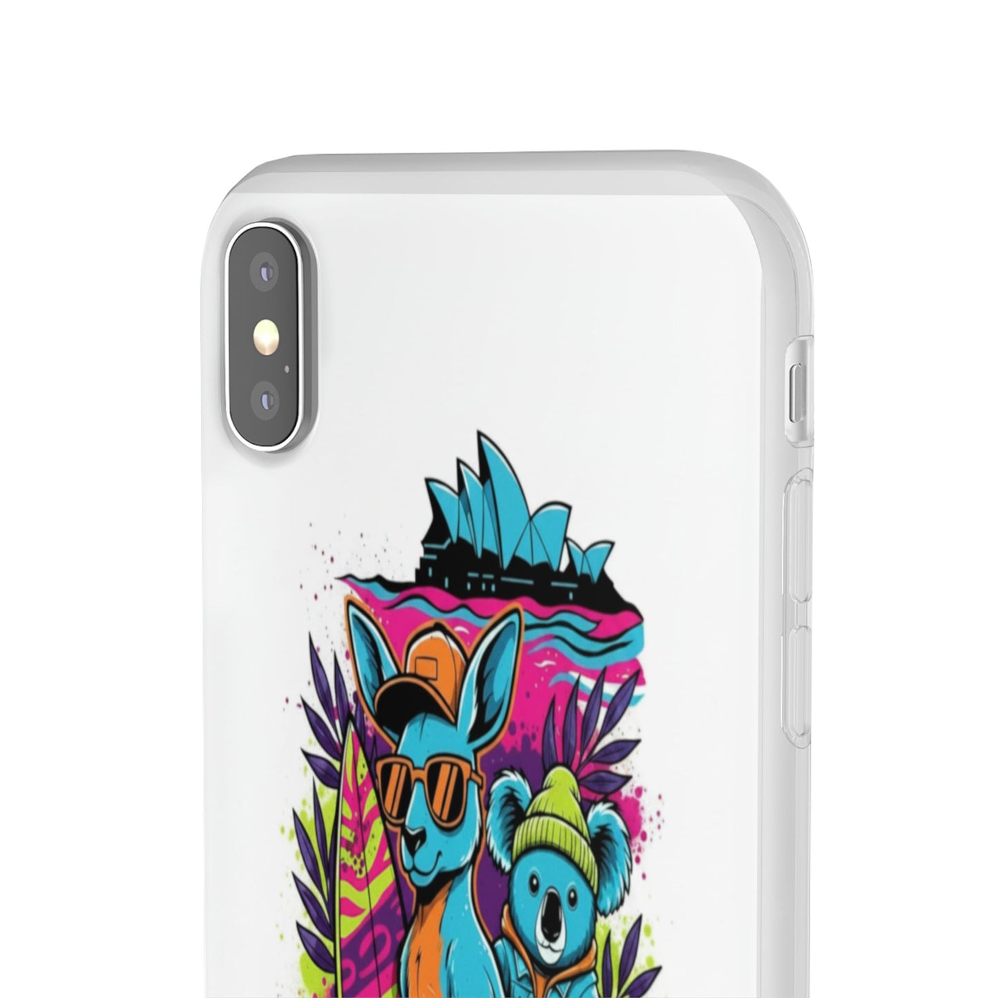 Kangaroo & Koala Surf Phone Case — Neon Aussie Beach Vibes Flexible Case