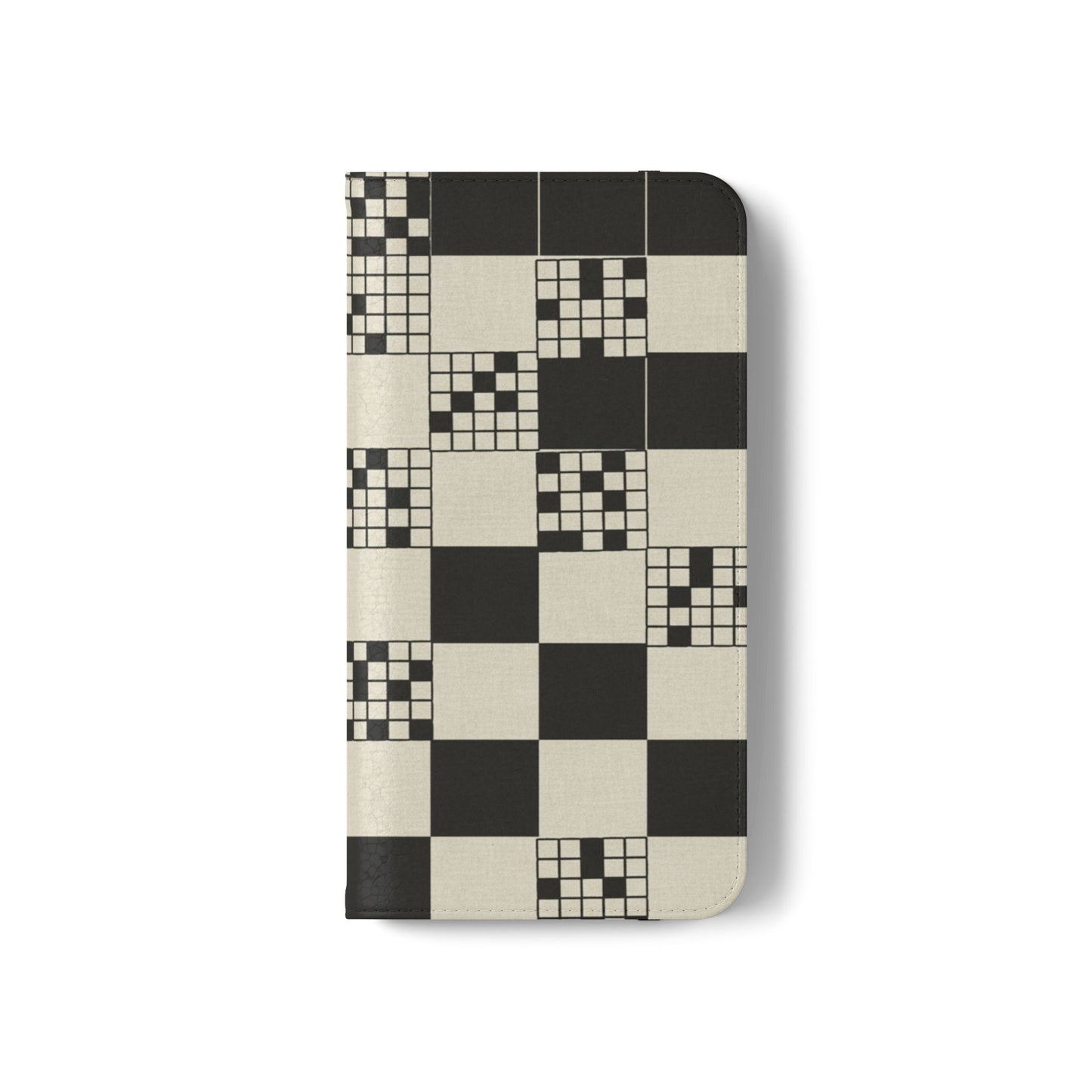 Checkerboard Flip Phone Case – Retro Black & Cream Geometric Wallet Case