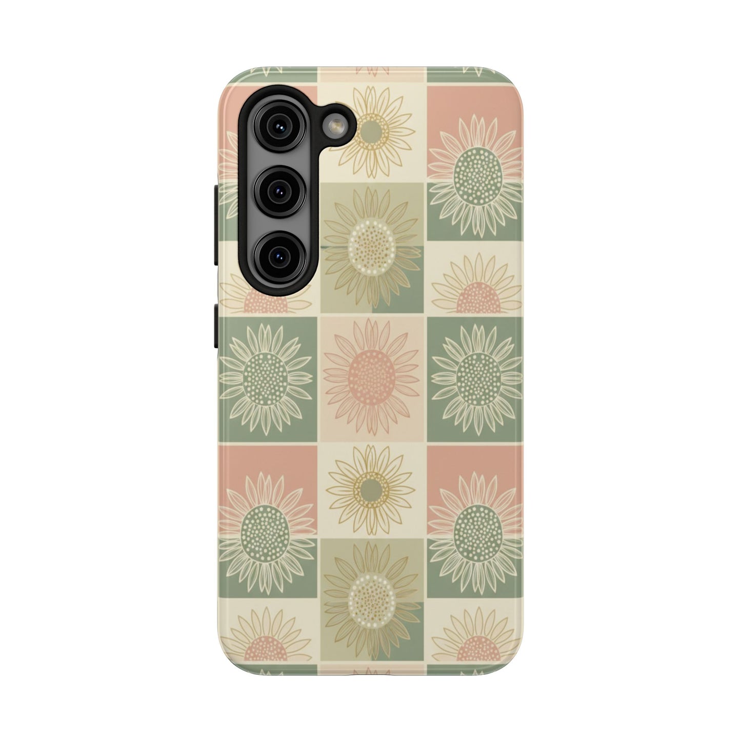 Sunflower Check iPhone Tough Phone Case — Retro Pastel Floral Protective Cover