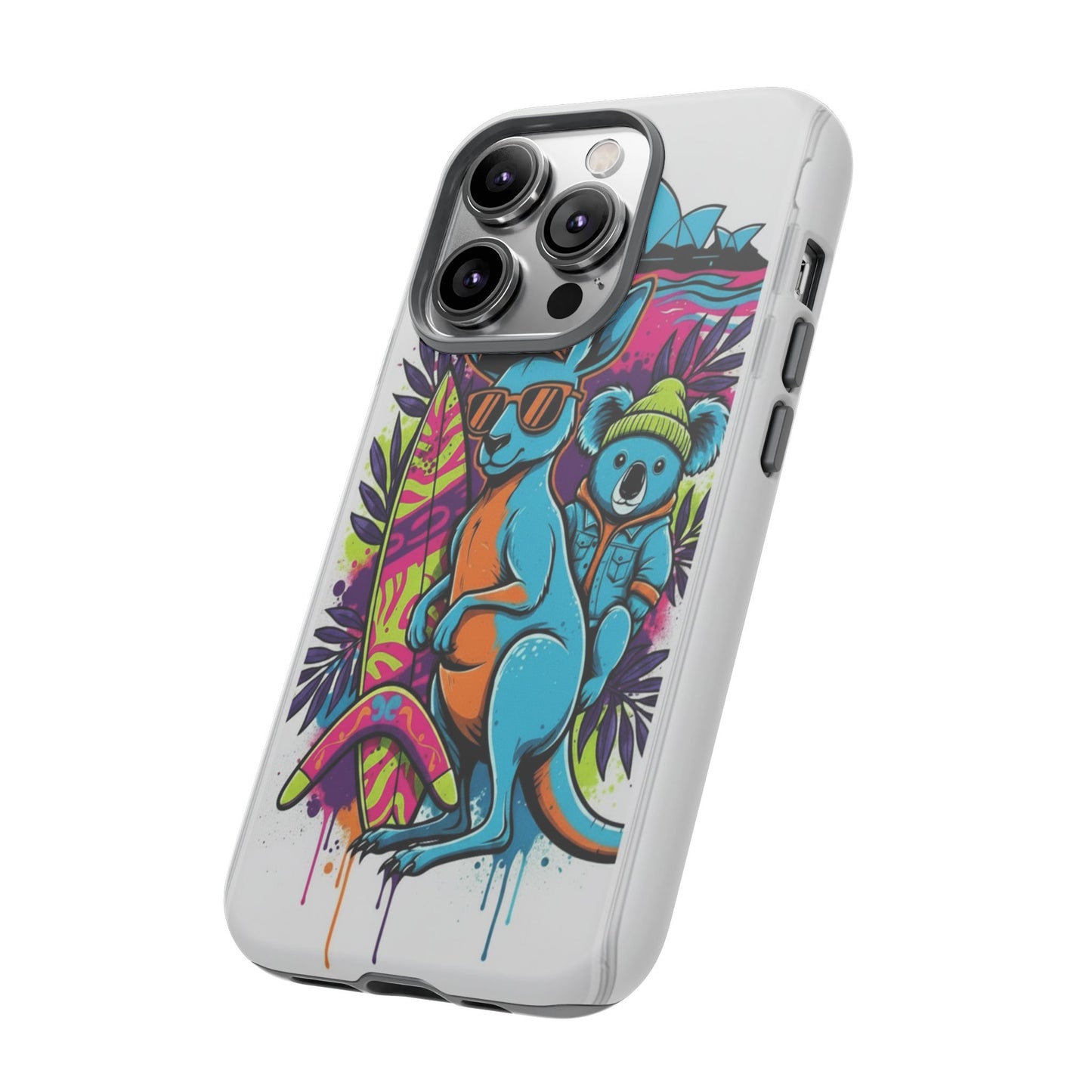 Kangaroo & Koala Surf Phone Case — Retro Neon Beach Art Tough Case