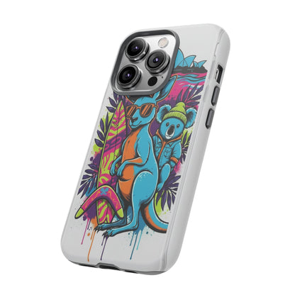 Kangaroo & Koala Surf Phone Case — Retro Neon Beach Art Tough Case