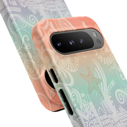 Tough Cases: Pastel Beach Pattern Phone Case — Starfish & Coastal Cityscape Protective Cover