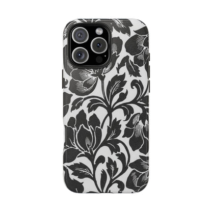 Tough Phone Case — Black & White Vintage Floral Protective Cover