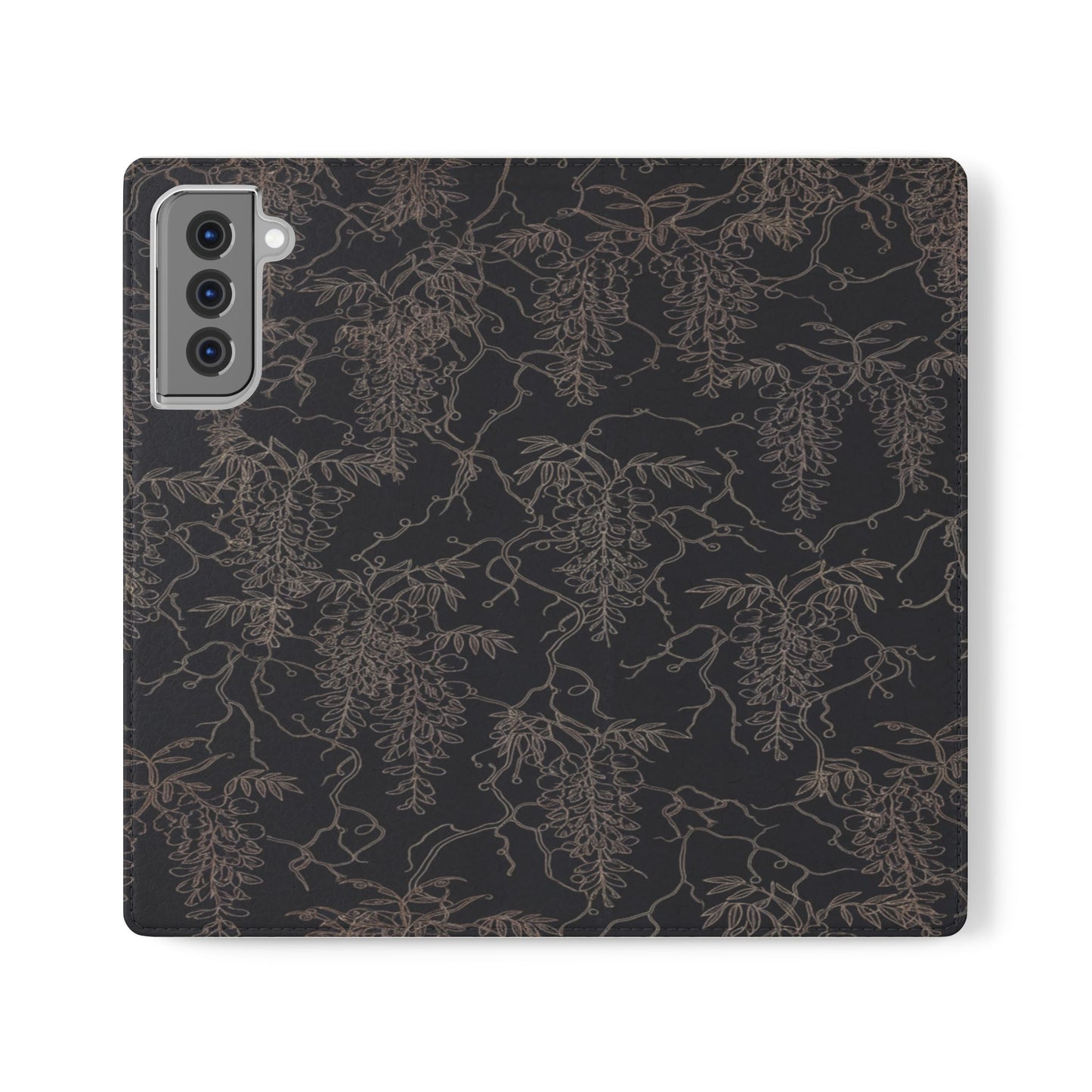 Botanical Noir Flip Phone Case — Dark Floral Wallet Cover with Card Slots