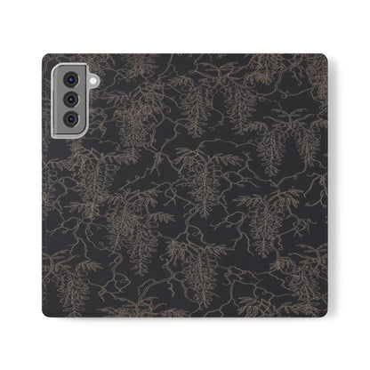 Botanical Noir Flip Phone Case — Dark Floral Wallet Cover with Card Slots
