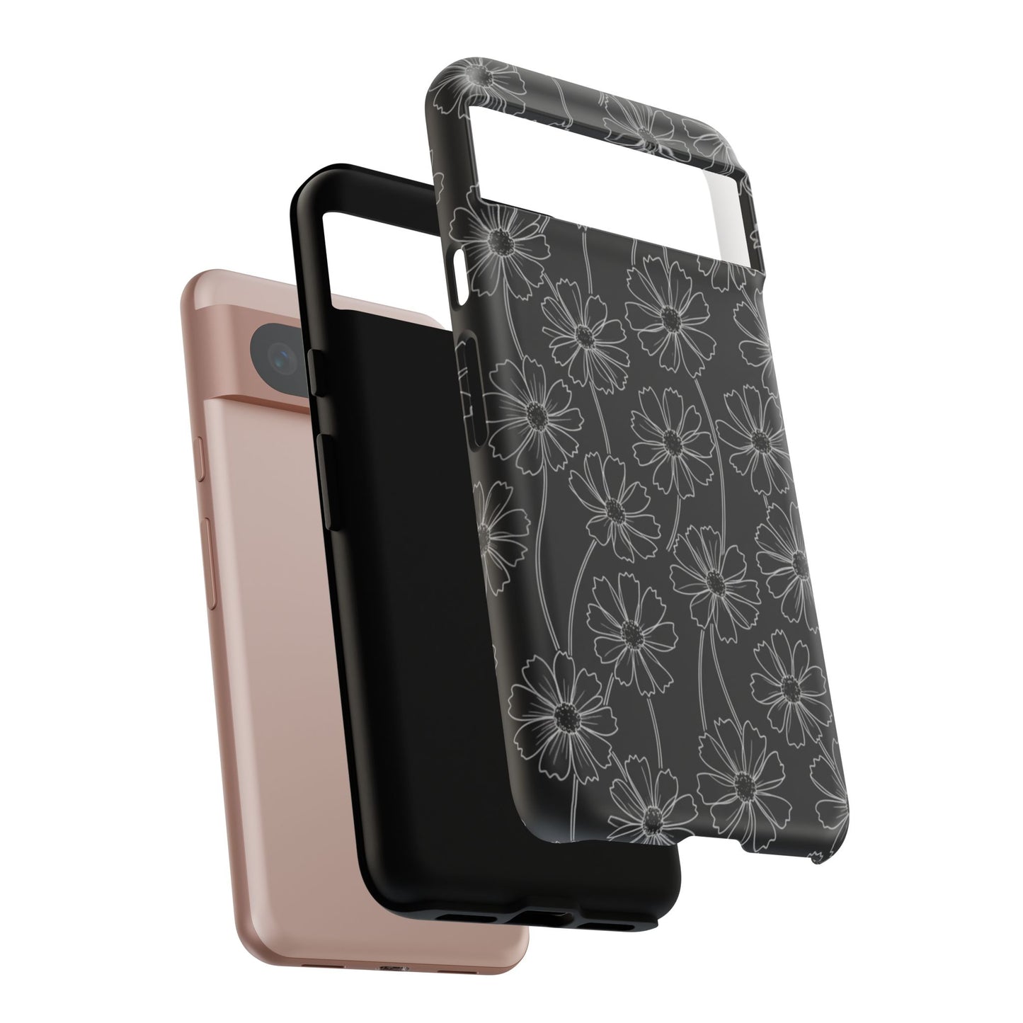 Floral Doodle Tough Phone Case — Black & Gray Daisy Pattern