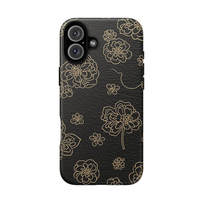 Floral Leather-Texture Tough Case – Black Gold Outline Phone Cover