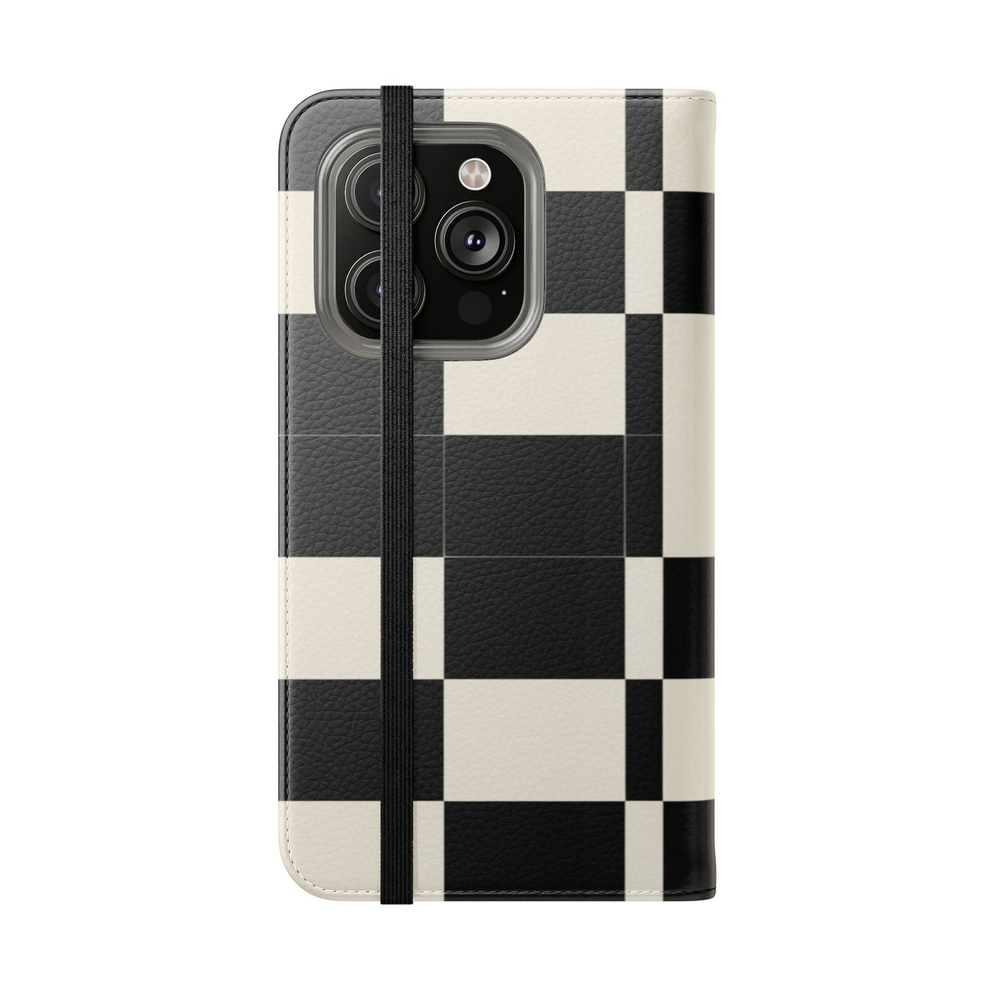 Checkered Flip Phone Case – Black & Cream Retro Grid Wallet Case