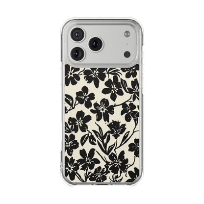 Clear Magnetic Phone Case — Black Floral Silhouette Design