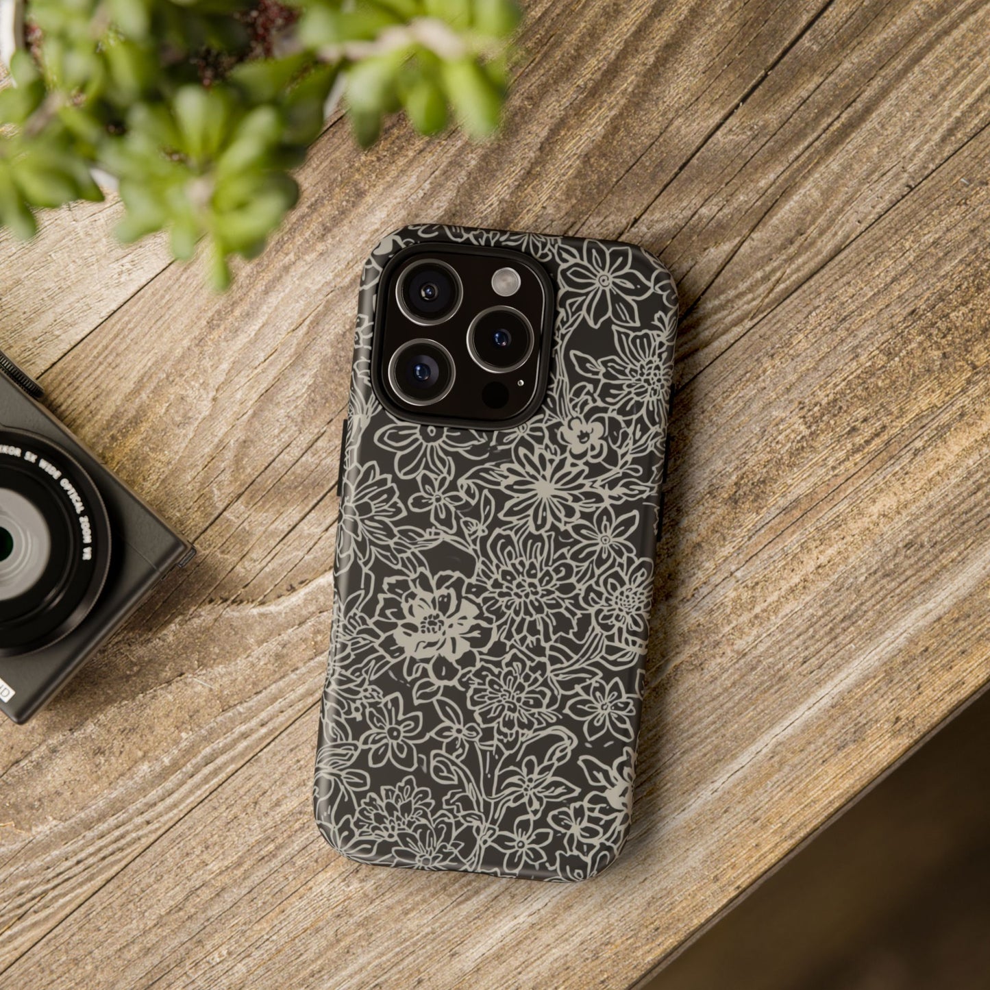 Floral Doodle Tough Phone Case — Black & White Sketch Flower Protective Cover