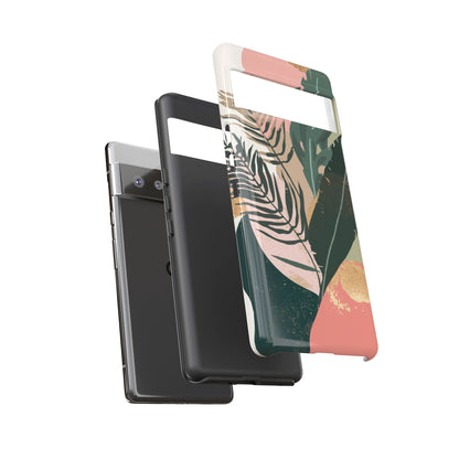 Tropical Leaf Tough Phone Case — Abstract Pink & Green Botanical Protective Cover