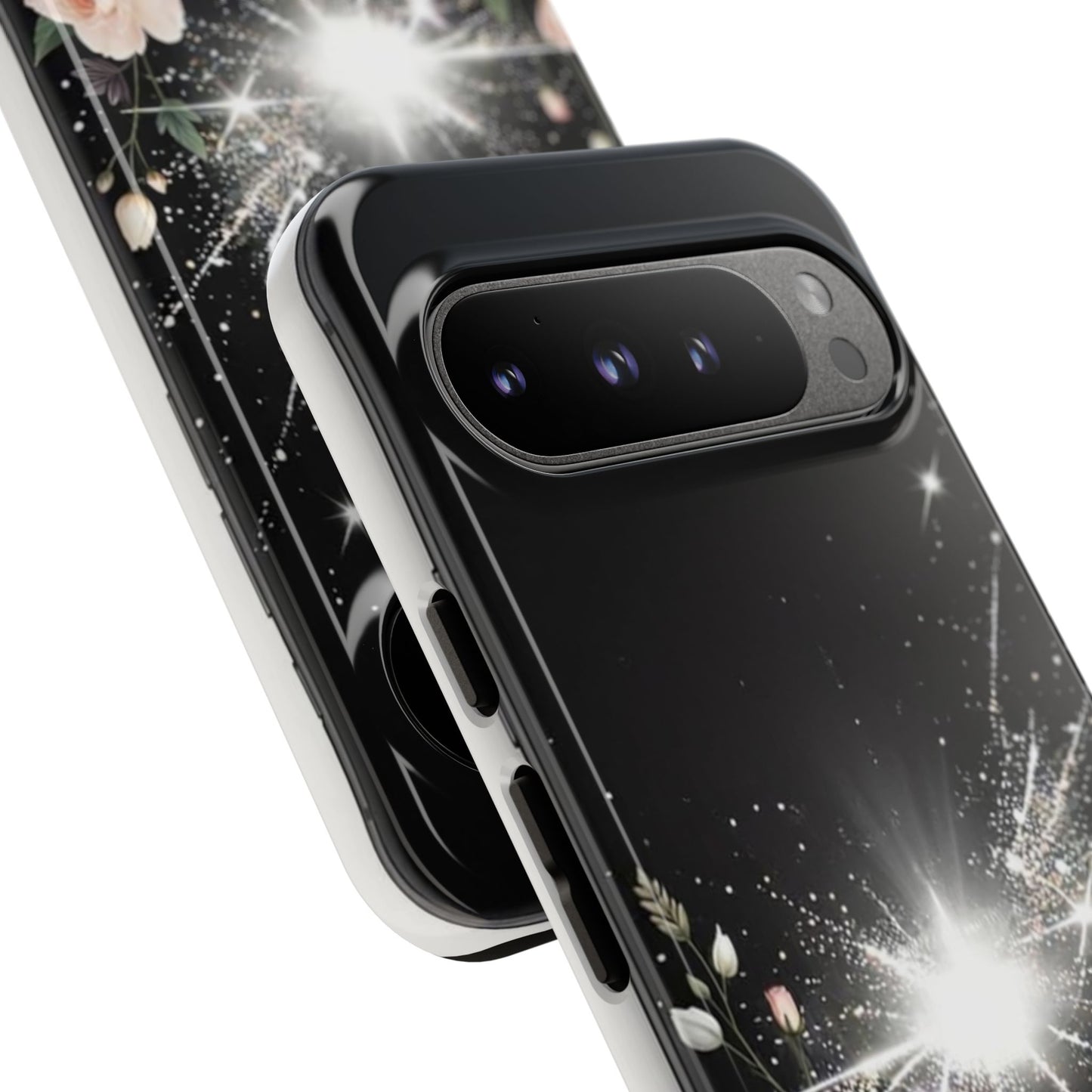 Floral Burst Phone Case — Protective Black Sparkle Design
