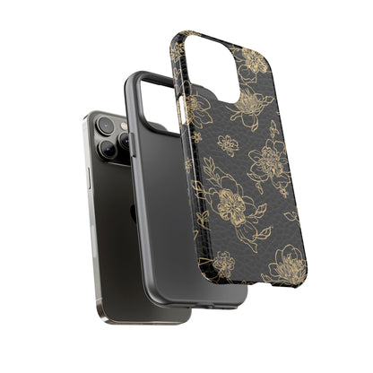 Floral Leather Phone Case — Gold Outline Flowers on Black Tough Case