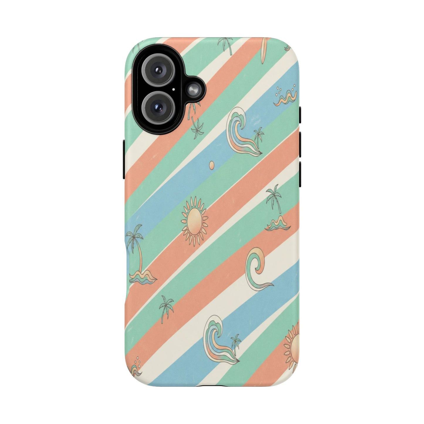 Retro Beach Stripes Phone Case — Sun, Waves & Palm Pattern Tough Case