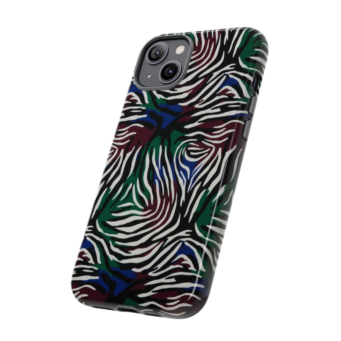 Zebra Camo Tough Phone Case – Green & Blue Animal Print Protective Cover