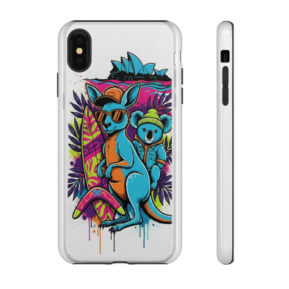 Kangaroo & Koala Surf Phone Case — Retro Neon Beach Art Tough Case