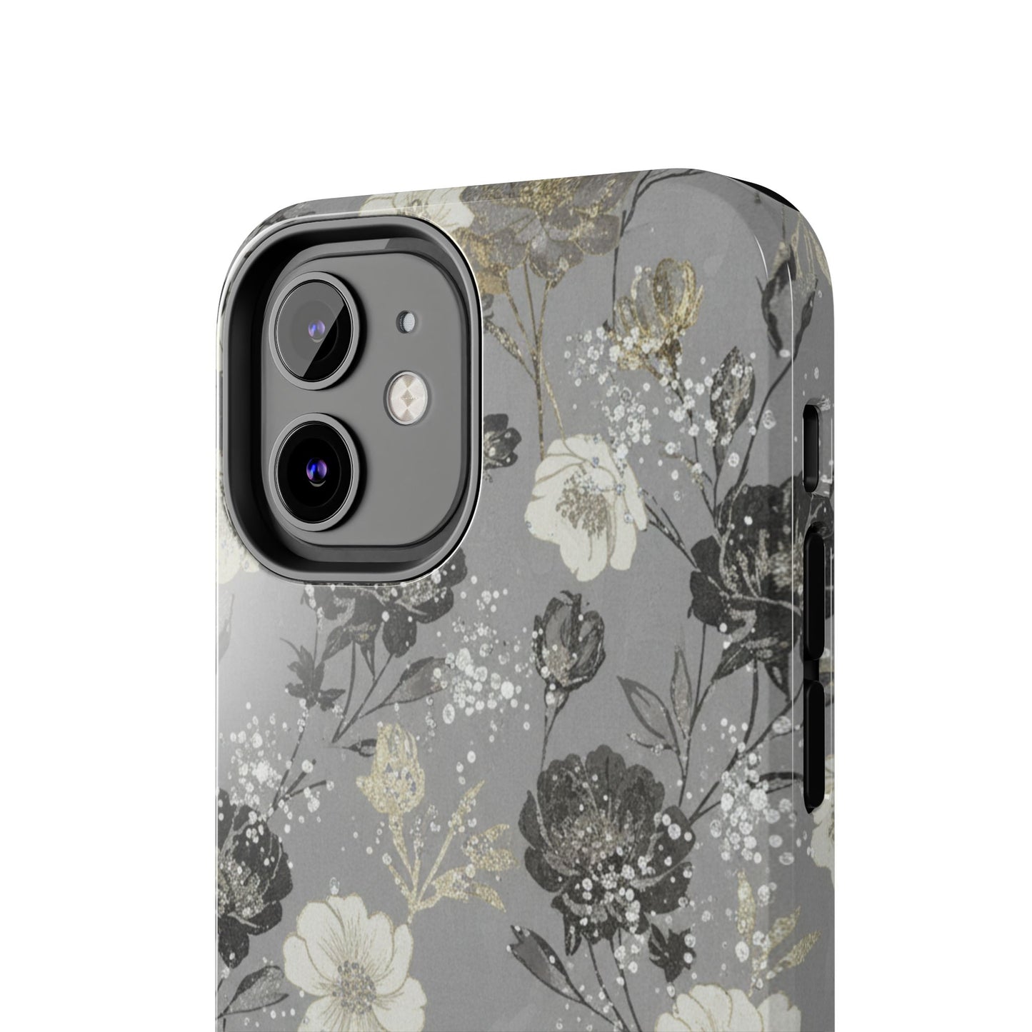 Floral Gray Tough Phone Case — Elegant Protective Phone Cover with Gold Accent