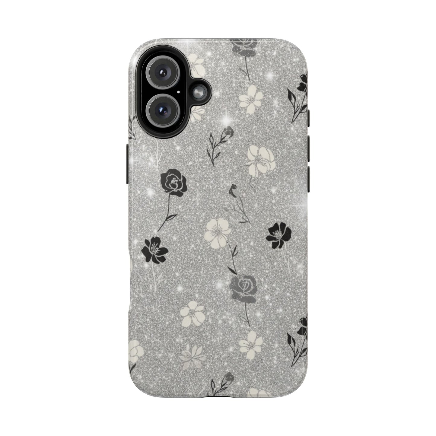 Floral Glitter Tough Phone Case — Black & Silver Vintage Flower Protective Cover