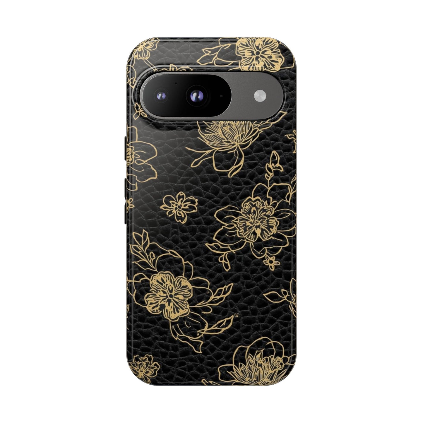 Floral Leather Phone Case — Gold Outline Flowers on Black Tough Case