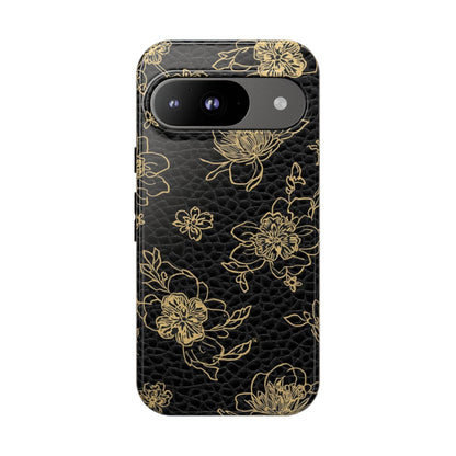 Floral Leather Phone Case — Gold Outline Flowers on Black Tough Case