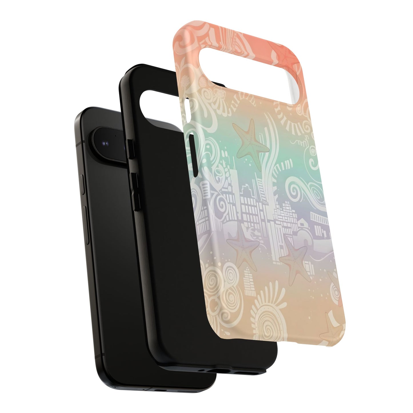 Tough Cases: Pastel Beach Pattern Phone Case — Starfish & Coastal Cityscape Protective Cover