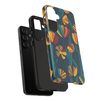 Floral Retro Teal Tough Phone Case — Vibrant Orange & Mustard Blooms
