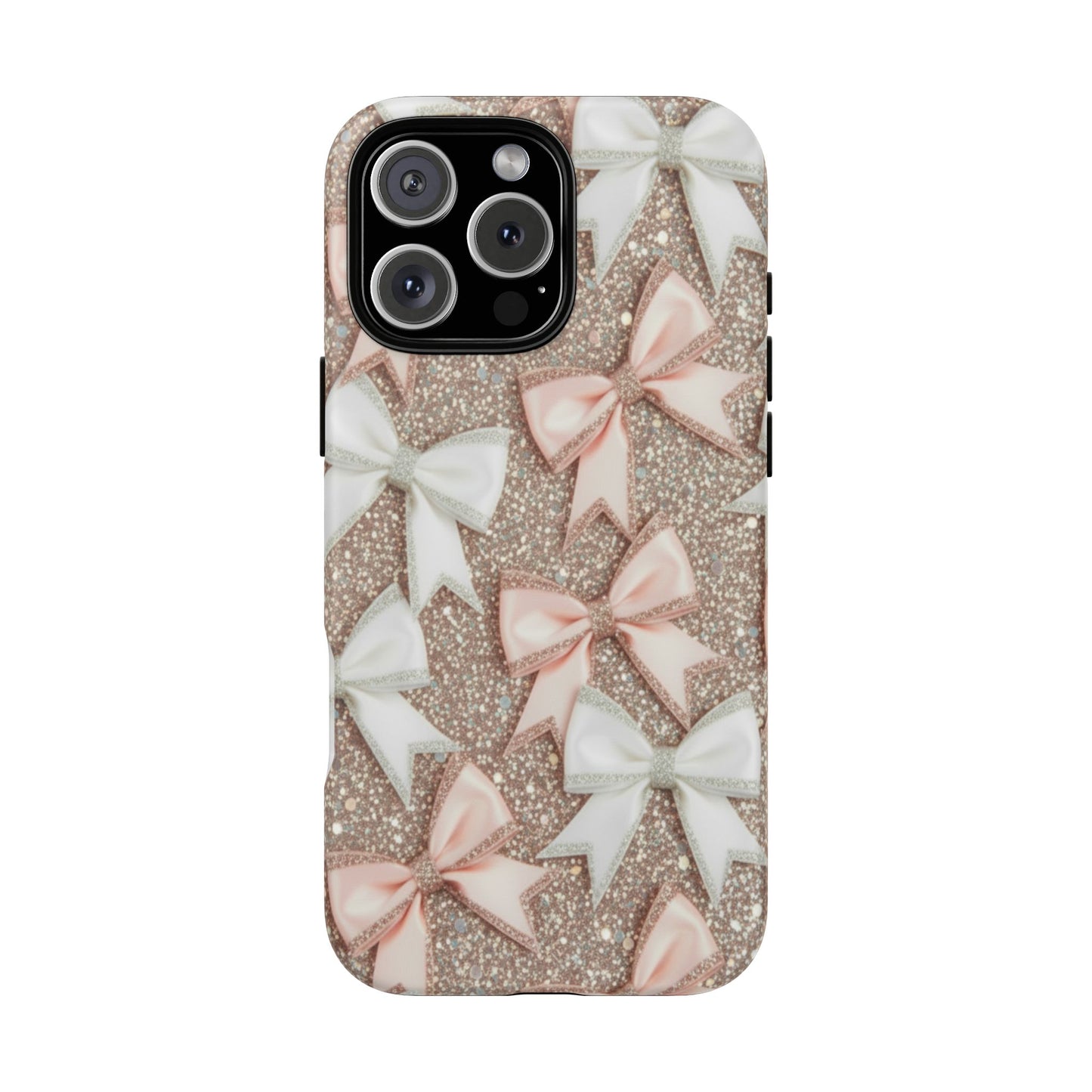 Glitter Bow Tough Phone Case — Pink & White Ribbon Protective Cover