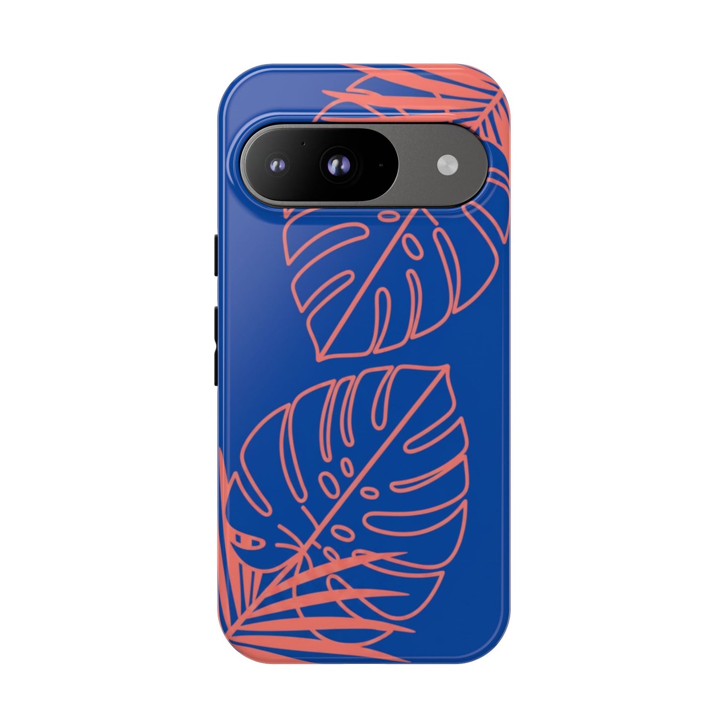 Tropical Monstera Phone Case — Blue & Coral Leaf Protective Cover