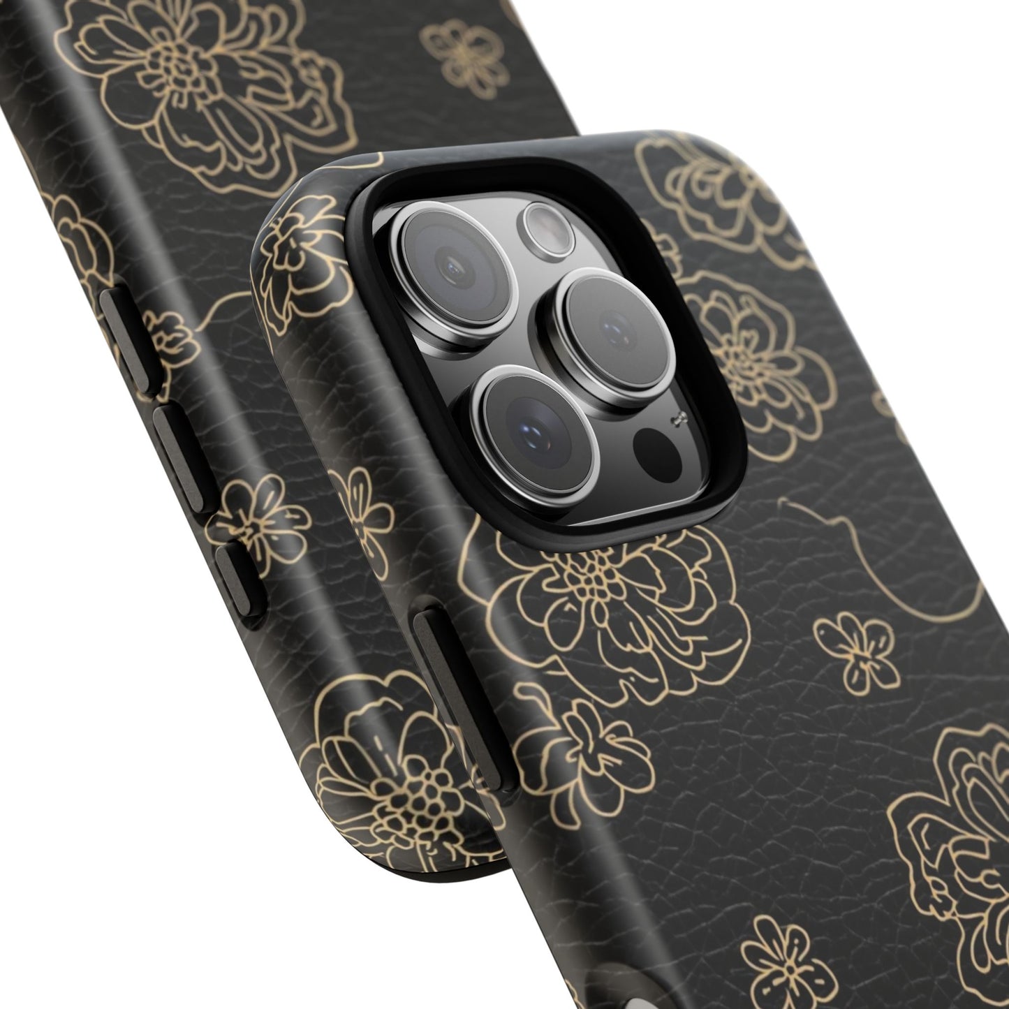 Floral Leather-Texture Tough Case – Black Gold Outline Phone Cover