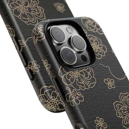 Floral Leather-Texture Tough Case – Black Gold Outline Phone Cover