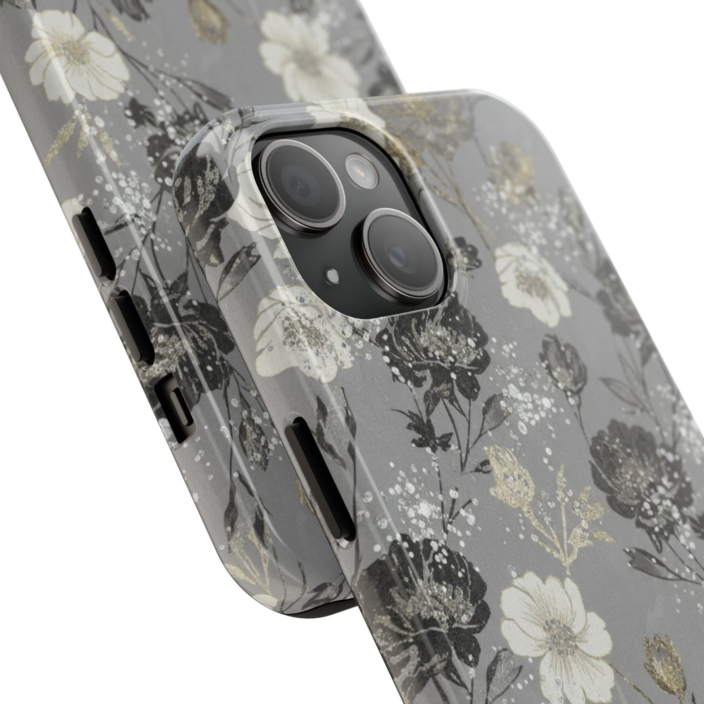Floral Gray Tough Phone Case — Elegant Protective Phone Cover with Gold Accent