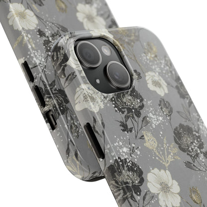 Floral Gray Tough Phone Case — Elegant Protective Phone Cover with Gold Accent
