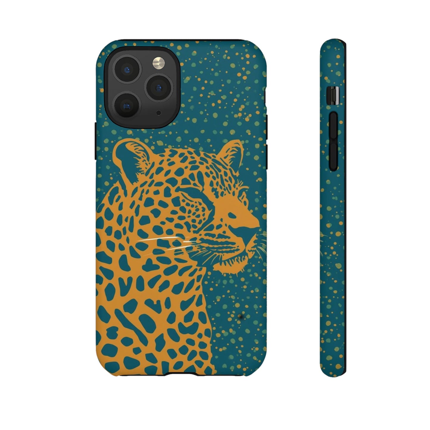 Leopard Print Tough Phone Case — Gold Panther on Teal, Protective iPhone Cover