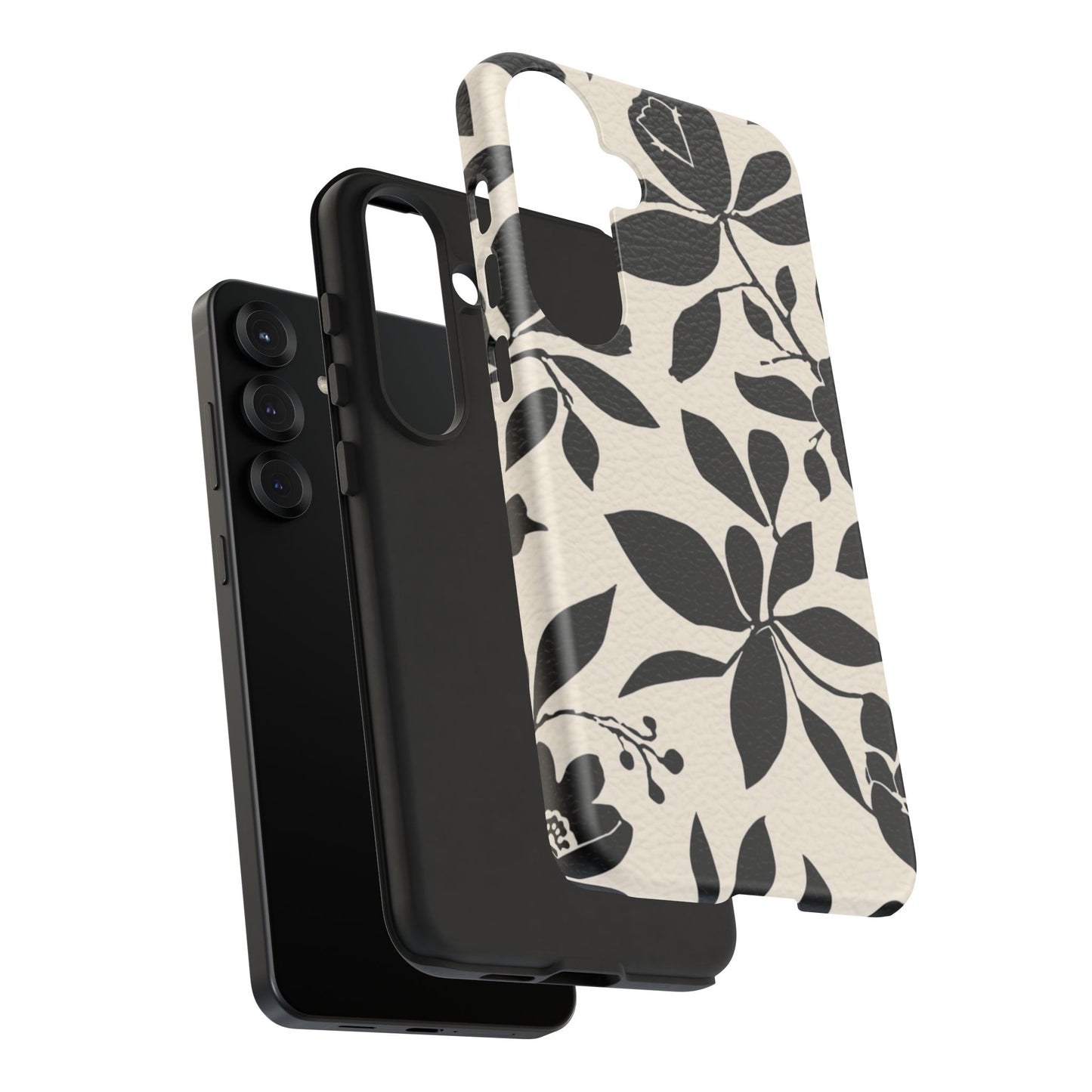 Black Floral Pattern Phone Case — Monochrome Botanical Tough Case