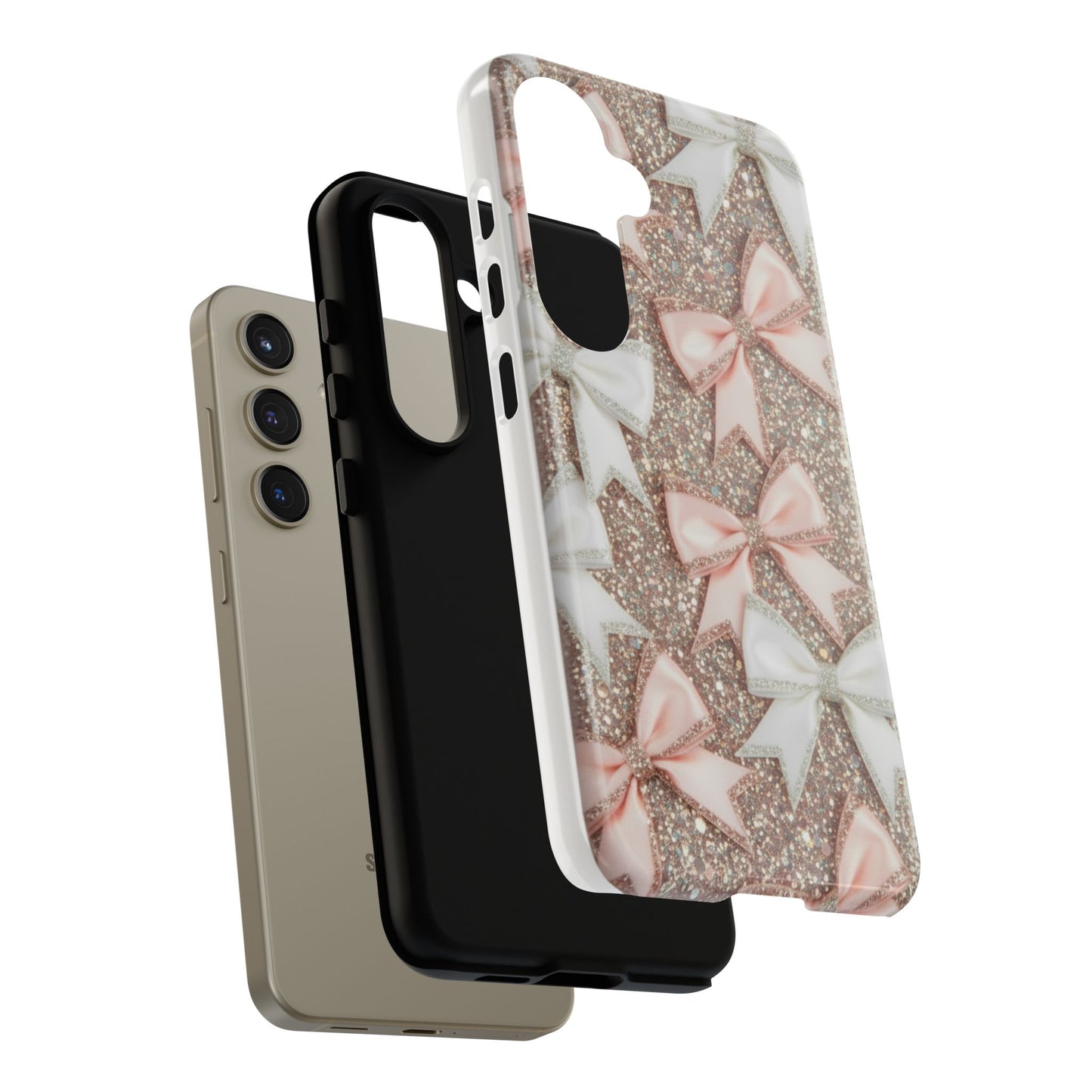 Glitter Bow Tough Phone Case — Pink & White Ribbon Protective Cover
