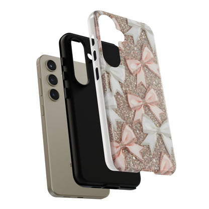 Glitter Bow Tough Phone Case — Pink & White Ribbon Protective Cover