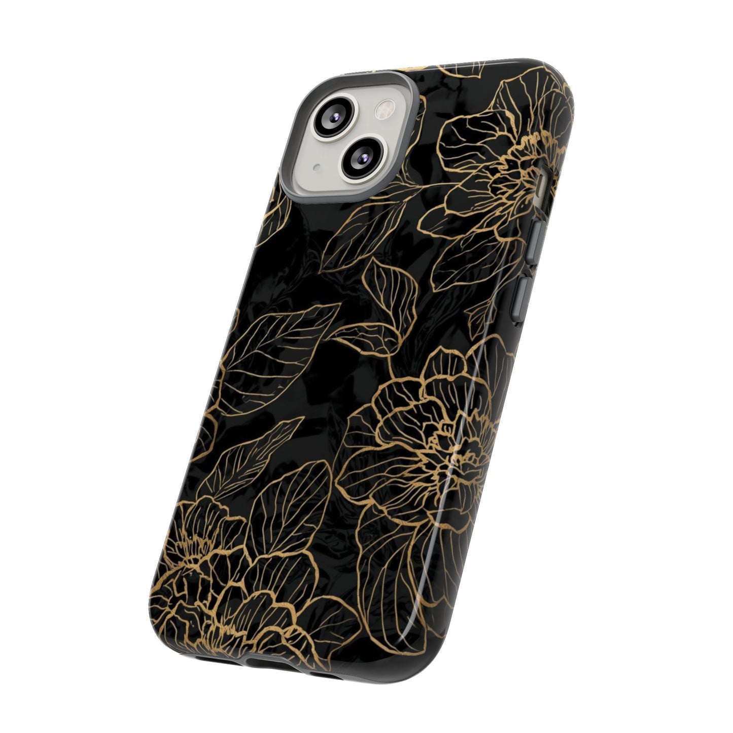 Floral Gold Outline Tough Phone Case – Black Botanical Protective Cover