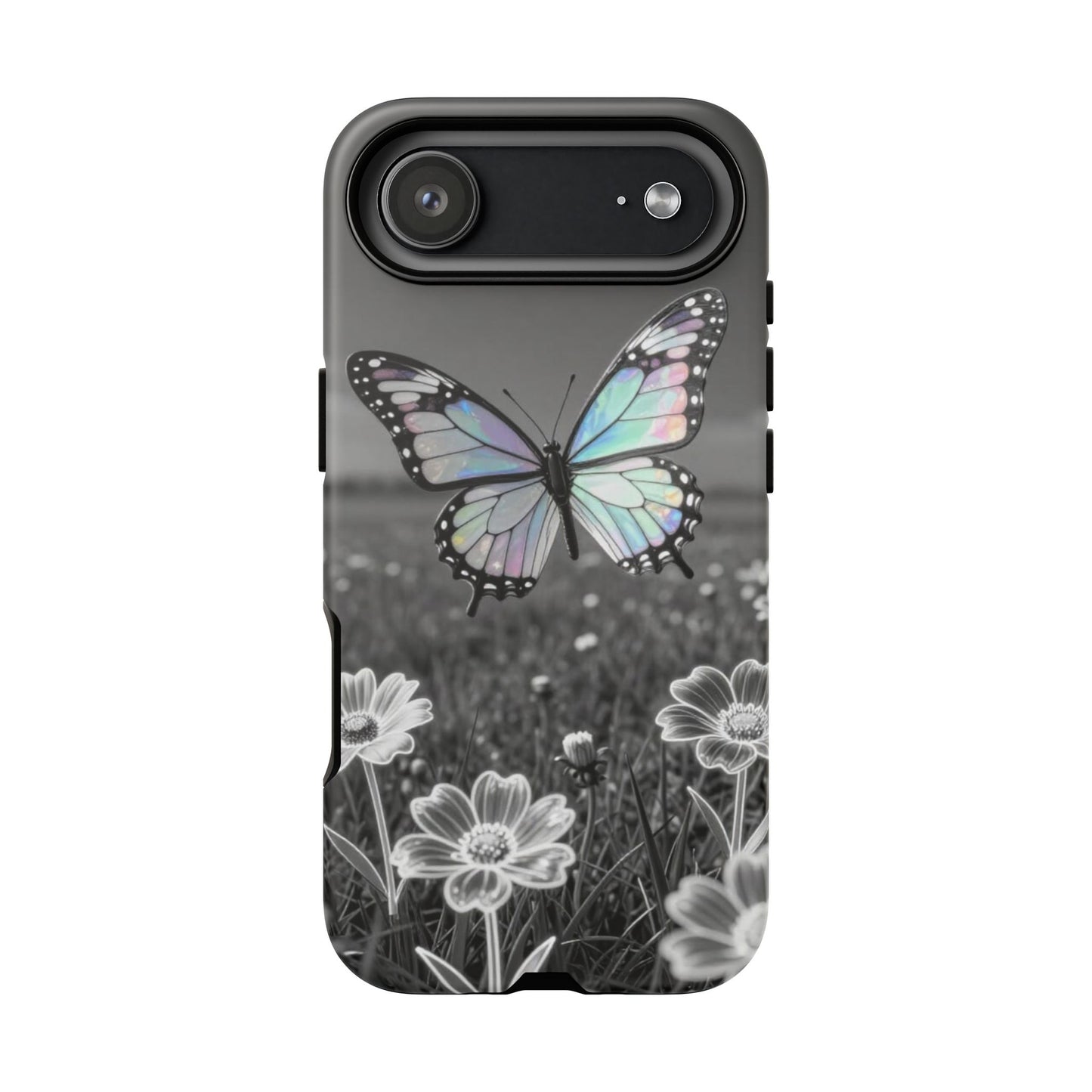Butterfly Field Tough Phone Case — Pastel Holographic Butterfly on Black & White Floral Background