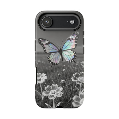 Butterfly Field Tough Phone Case — Pastel Holographic Butterfly on Black & White Floral Background