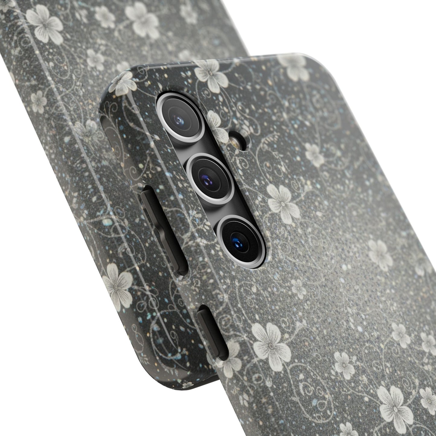 Floral Sparkle Tough Phone Case — Black & Silver Vintage Blossom